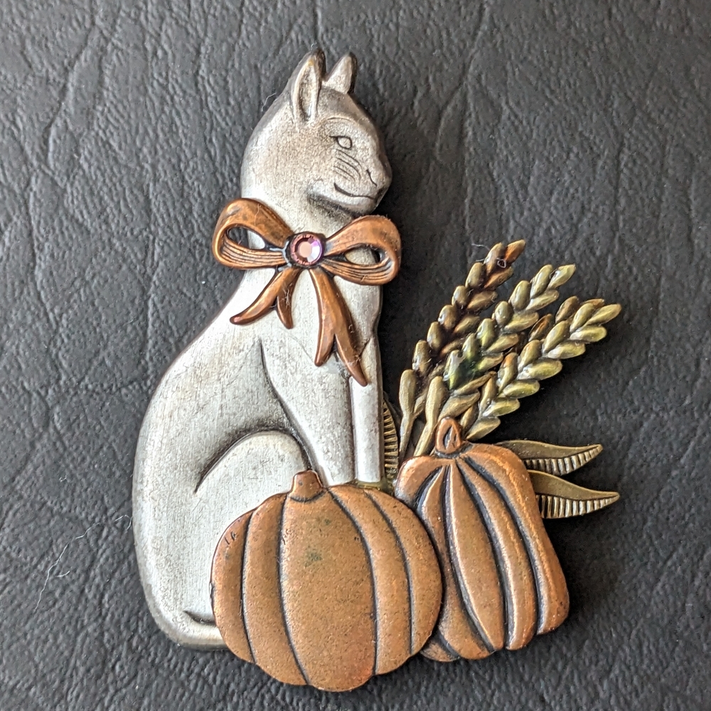 Cat Fall Harvest With Pumpkins Mixed Metal Pin